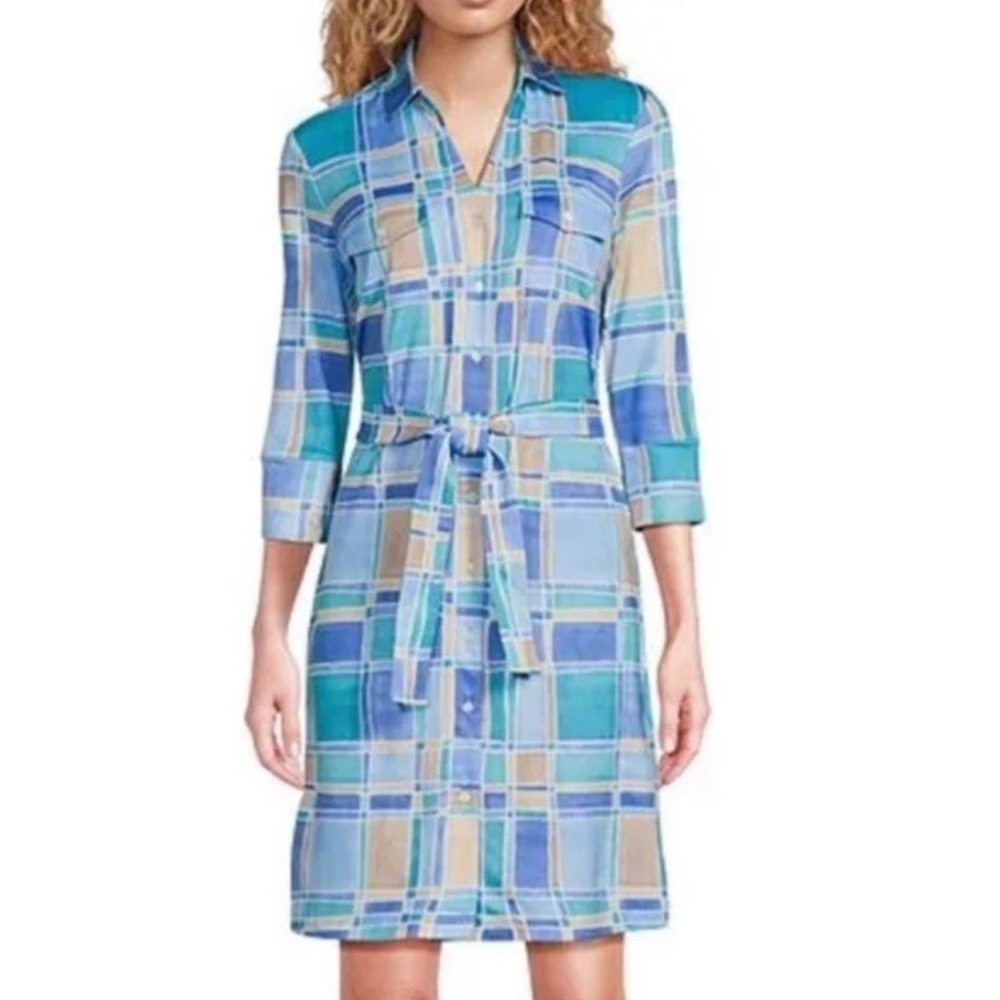 J. McLaughlin Brynn Tile Print Jersey Knit Collared V-Neck 3/4 Sleeve Dress NWT